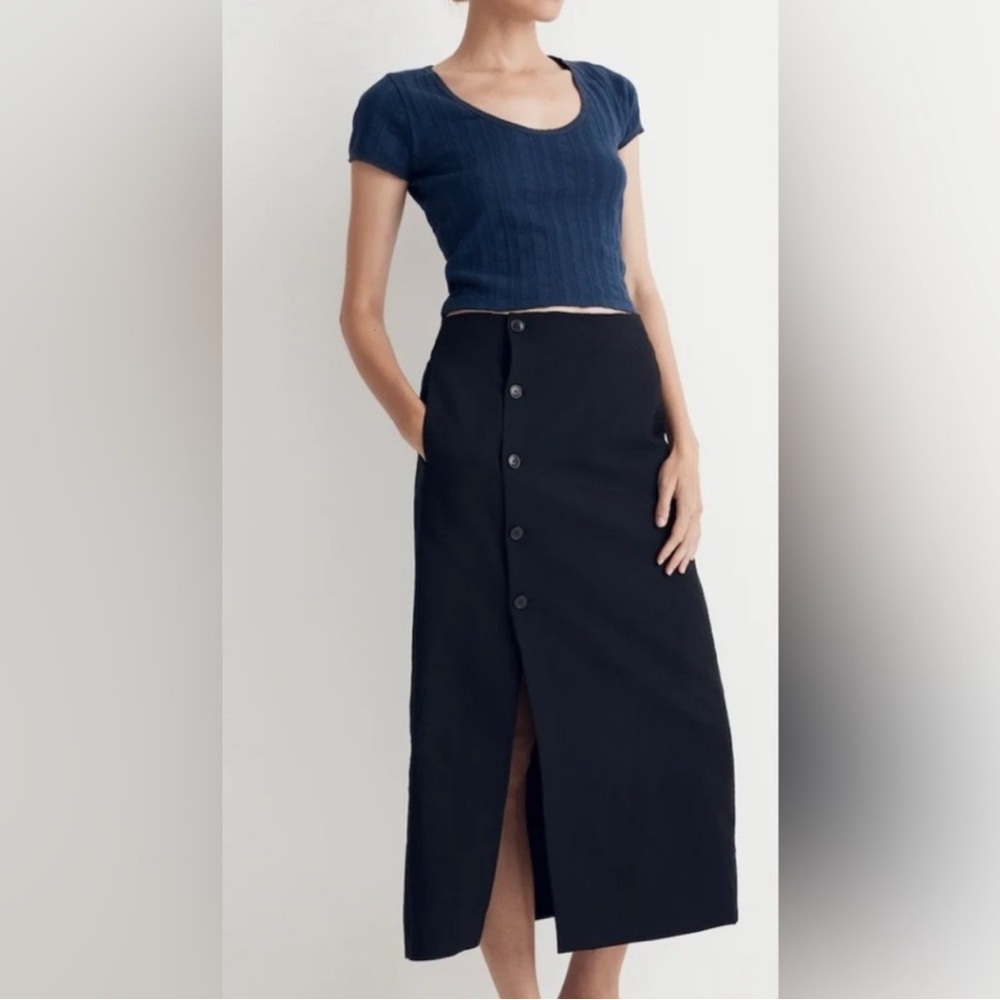 Madewell Black Linen Midi Skirt with Buttons